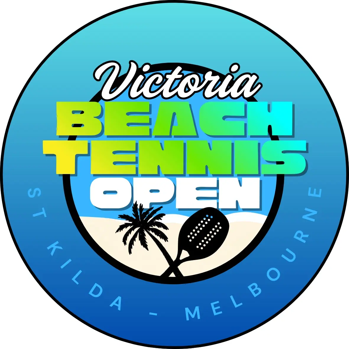 Victoria Beach Tennis Open logo: a circular badge with a palm tree and racquet over a beach, St Kilda, Melbourne