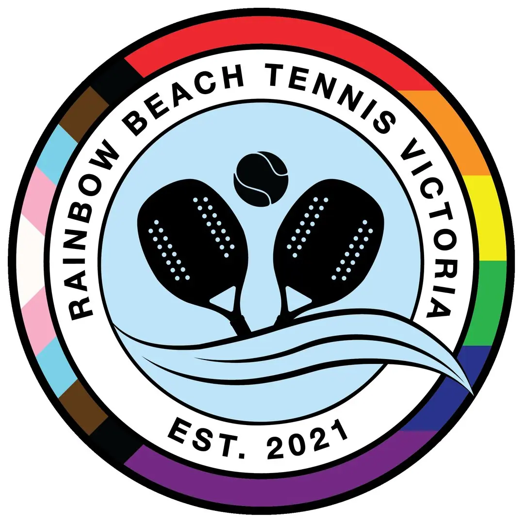 Rainbow Beach Tennis Victoria logo: two racquets and a ball inside a Progress Pride ring, established 2021